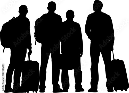 Group of four travelers standing with luggage silhouette