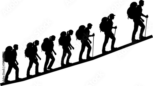 Group of hikers climbing a steep mountain slope silhouette