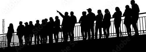 Group of people standing on a bridge railing silhouette
