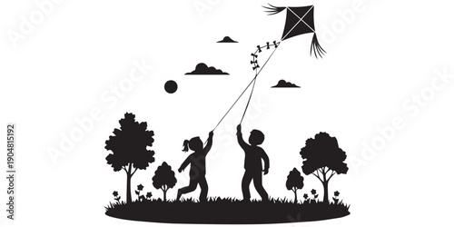 Silhouette of boy running with kite for summer recreation and outdoor play themes showcasing childhood activity and movement on white background for minimalist design work and family fun concepts,pro