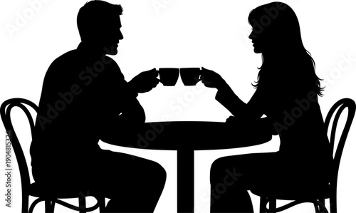 Man and woman having a coffee date at a cafe table silhouette