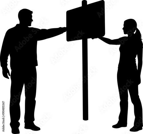 Man and woman installing a large sign silhouette