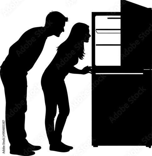 Man and woman looking into open refrigerator silhouette