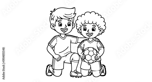 A black and white illustration of two boys in soccer uniforms kneeling with a soccer ball on transparent background