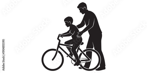 Silhouette of an adult teaching a young child how to ride their first bicycle isolated on white background, Vector, illustration,Father teaching son to ride a bicycle silhouette illustration.pro