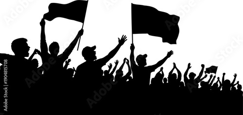 Protesters or fans cheering with flags in a large crowd