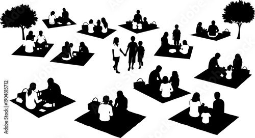 Public park scene with people on picnic blankets silhouette