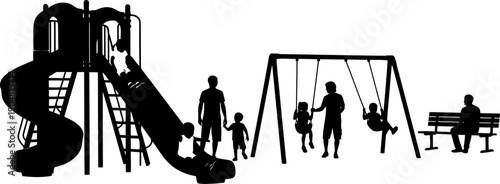 Public park playground silhouette with children and parents