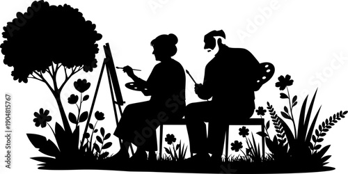 Senior couple painting on canvas in a lush garden silhouette
