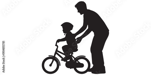 Silhouette of an adult teaching a young child how to ride their first bicycle isolated on white background, Vector, illustration,Father teaching son to ride a bicycle silhouette illustration.pro