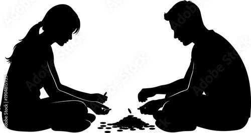 Silhouette of a couple sitting on the ground counting money and coins