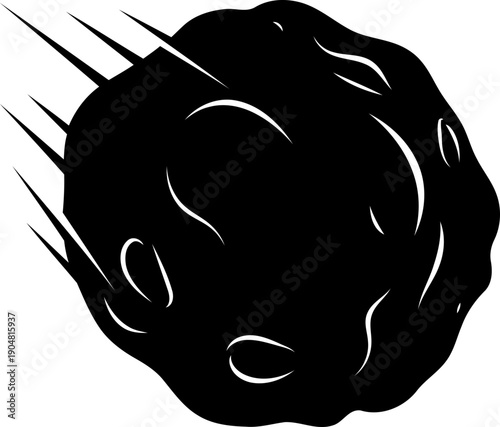 Silhouette of a large meteor or asteroid falling through space with speed lines