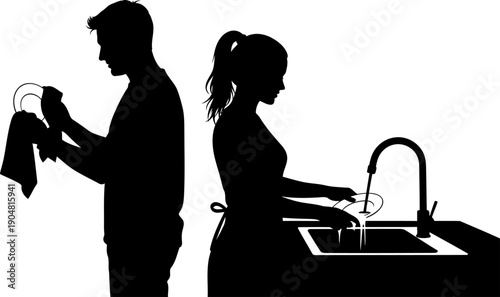 Silhouette of a couple sharing household chores washing dishes