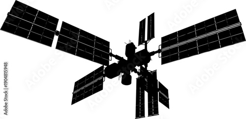 Silhouette of a large space station with extensive solar panels