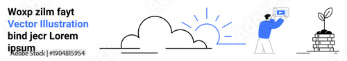 Cloud with sun rays, person holding electronic screen, planted sapling. Ideal for growth, innovation, learning, sustainability, eco-friendly practices, technology simple landing page