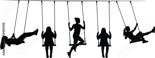 Swing silhouettes, playful figures, dynamic motion, carefree posture, childhood activity, outdoor design, leisure illustration, joyful balance, recreation vector, flavector