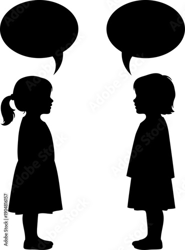 Silhouette of two young girls talking with empty speech bubbles