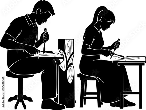 Silhouette of couple engaged in woodcarving and sculpting