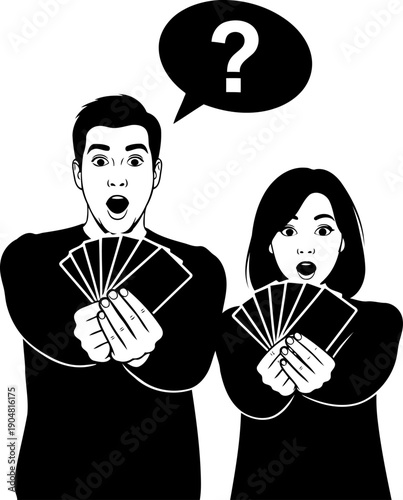 Surprised man and woman holding fan of cards silhouette
