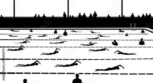 Swimmers competing in an indoor swimming pool race silhouette