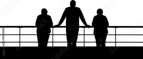 Three people leaning on railing looking away silhouette