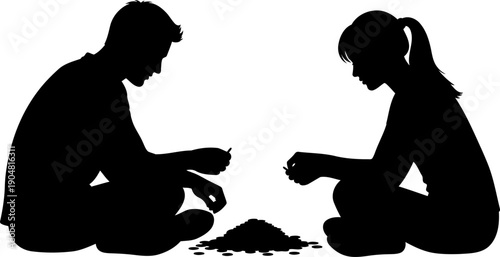 Young pair counting pile of coins on floor silhouette