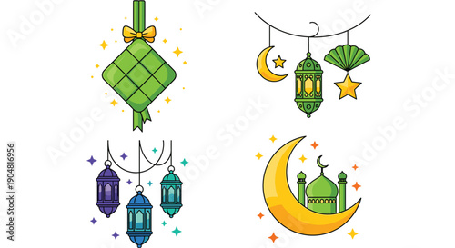 Eid al fitr - Selamat Hari Raya Idul Fitri Greeting Illustration In Flat Style Design, Flat illustration