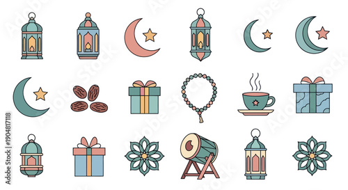 Ramadan Icons: Moon, Lanterns, Dates, Gifts, Prayer Beads, Drum, Coffee Cup