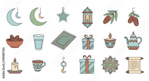 Ramadan Icons Set: Moon, Lantern, Dates, Pray Mat, Gifts, Candle, Tea, Scroll