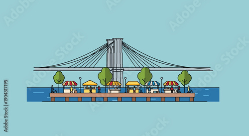 Flat design illustration of a waterfront marketplace featuring stalls and a suspension bridge in the background, evoking a sense of community and leisure activities
