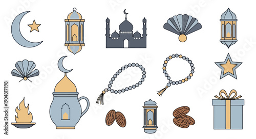 Ramadan Kareem icons set: mosque, lantern, crescent moon, prayer beads, dates, gift, fan, fire