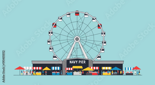 Navy Pier Ferris Wheel attraction, a landmark amusement with carnival stalls, represents leisure, entertainment, and family fun on a clear blue sky backdrop, perfect for travel and vacation visuals