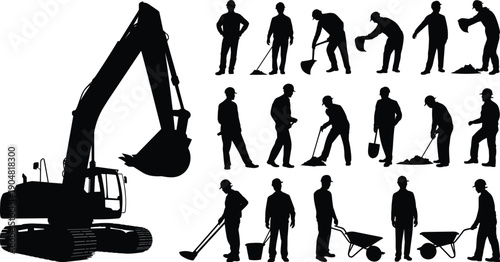 Construction workers silhouette set with excavator machine, laborers digging shoveling carrying wheelbarrow heavy equipment industrial building site illustration vector isolated collection design