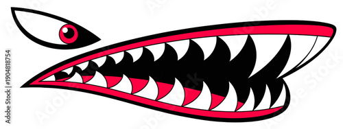 A stylized logo design featuring a menacing shark mouth with sharp white teeth against a black background.