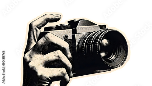 Antique camera lens detail hand holding professional photography tool vintage engraving art