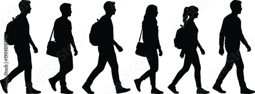 Backpackers walking set, students with bags silhouette, group of people traveling, diverse men and women collection, outdoor vector illustration