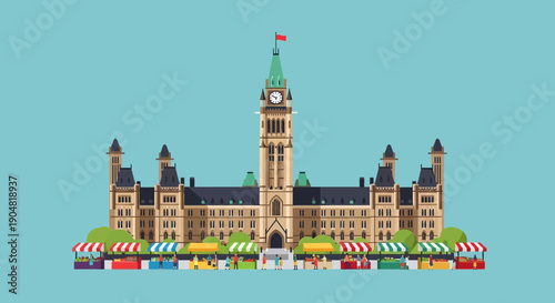 Parliament Buildings in Ottawa, Canada, with bustling market stalls lined up along the street, showcasing a vibrant urban landscape on a clear day