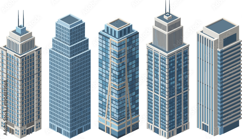 Fototapeta premium Isometric modern skyscraper buildings set urban development vector