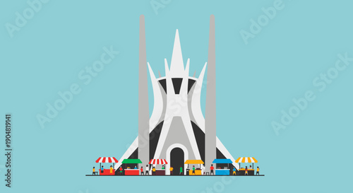 Vibrant city skyline illustration featuring a unique architectural landmark surrounded by bustling market stalls, showcasing a lively urban street scene