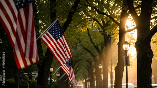 American flags hanging from trees on a sunny street