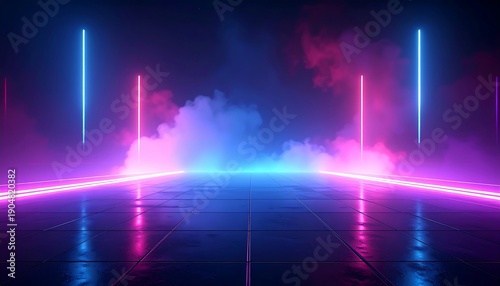 Vibrant futuristic stage with glowing blue and pink neon lights, dense smoke, and a reflective floor
