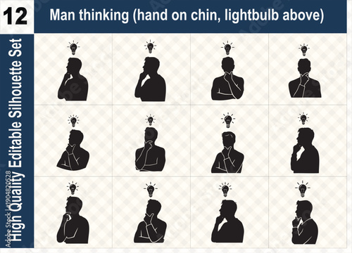 Silhouette set of a man thinking with hand on chin and lightbulb icon above, representing creative ideas, innovation, and strategic problem-solving.
