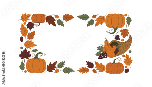 Autumn leaves and pumpkin frame fall border