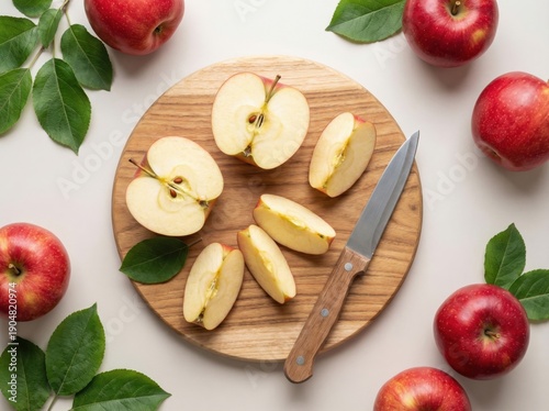 Sliced and whole red apples arranged on a wooden cutting board with a knife.