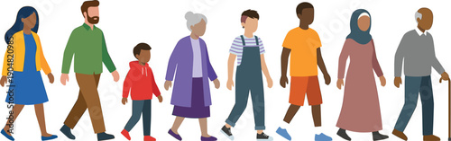 Diverse community people walking together, multicultural group of men, women, children and seniors, inclusive society flat vector illustration