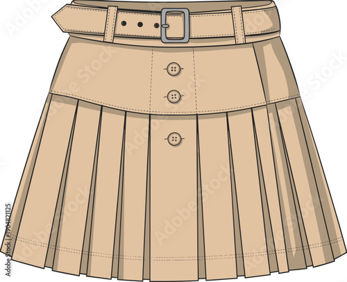 Beige pleated skirt illustration, high waistband fashion design, classic garment drawing, stylish clothing art, women’s apparel, belt buckle detail