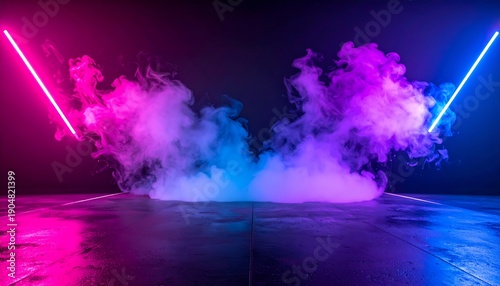 Luminous pink and blue neon haze rising from a dark, glossy surface creating a futuristic empty stage with copy space