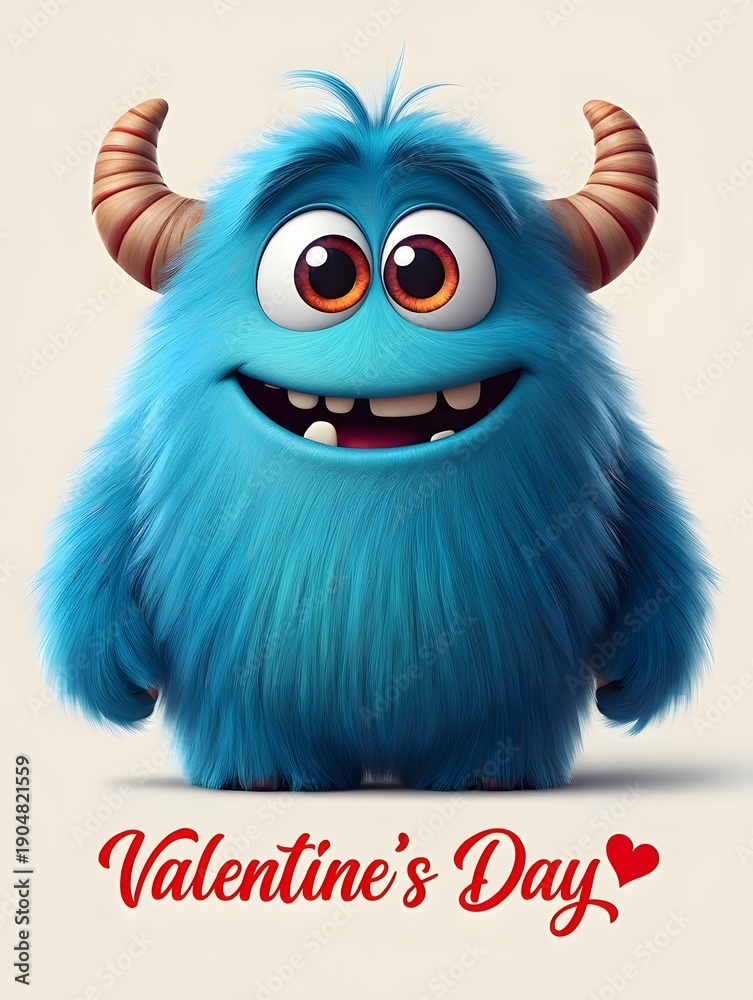 Obraz premium A cheerful blue monster with horns and a big smile wishes you a happy valentine's day