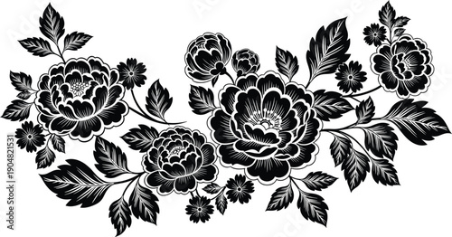 Elegant peony flower arrangement with blooming blossoms and detailed leaves, black and white botanical vector for decorative floral design projects