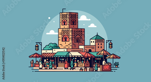 A vibrant vector illustration of a traditional Moroccan souk with a bustling marketplace and ancient kasbah architecture under a clear blue sky